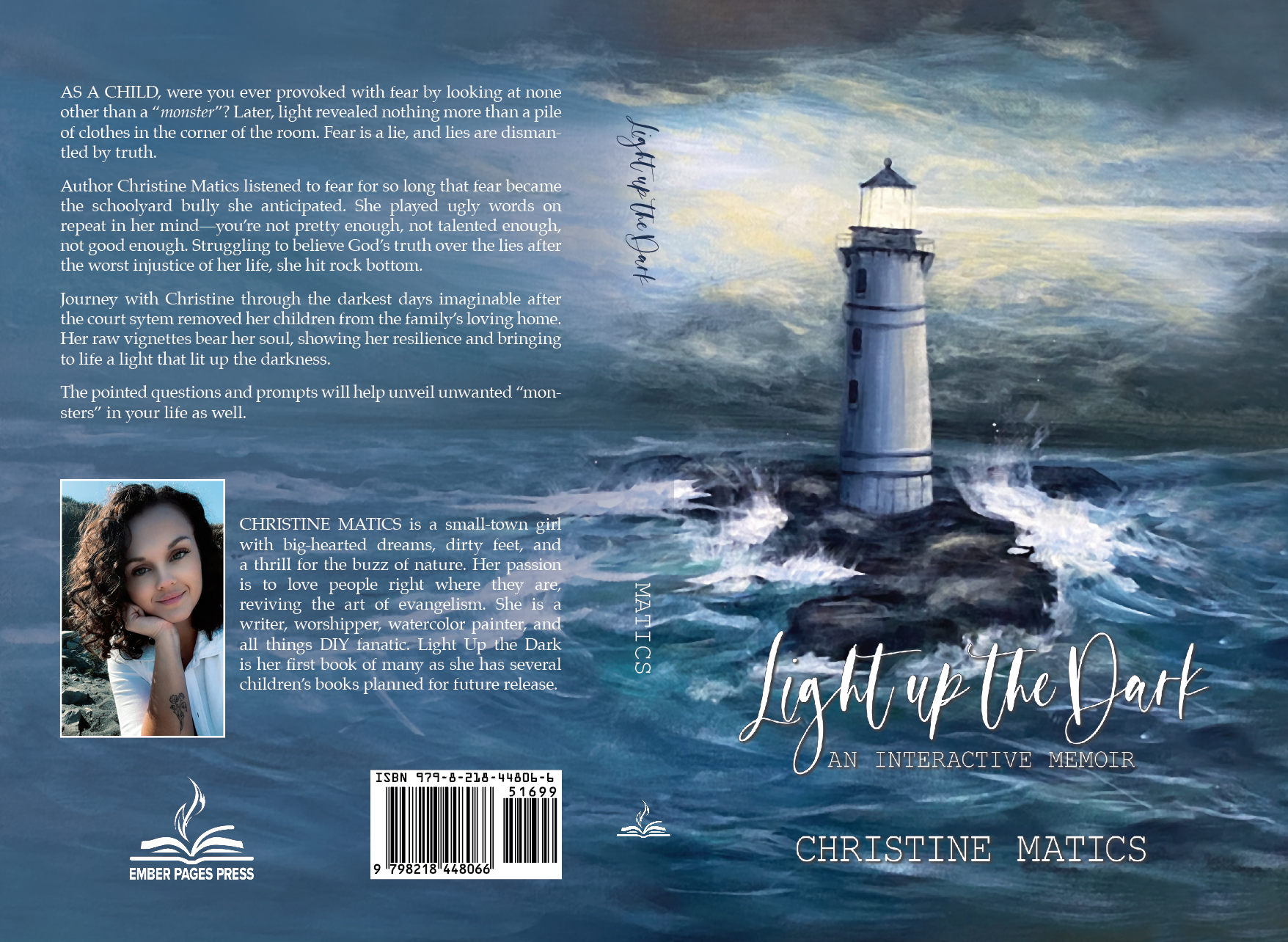 book cover with painting of a lighthouse. Cover is blue.